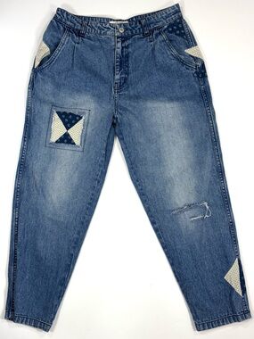 We The Free Free People Patchwork Jeans 28 Blue Denim Relaxed Tapered Distressed